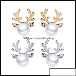 Stud Stud Pendientes Joyería Lujo Perla Astas Navidad Reno Elk Animal Rhinestone Crystal Sier para mujeres Niñas Moda Drop D Otryf