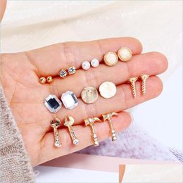 Stud Stud Fashion 9 Paren/Set Women Geometric Crystal Oorrings voor Piercing Simated Pearl Gem Set Party sieraden Drop levering DHVMI