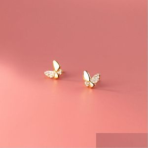 Stud Stud Real 925 Sterling Sier Pendientes de mariposa para mujeres Chicas adolescentes Cz Zircon Cute Small Tiny Ears Joyería de moda Drop Deli Dhsby