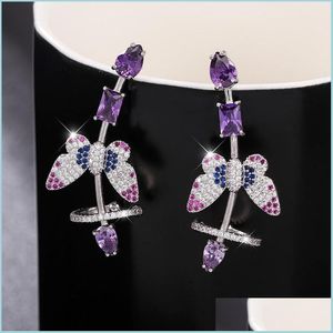 Stud Symmetrical Purple Cubic Zirconia Mooie vlinderoormoordlemmeroorring voor vrouwen Fashion Punk Jewelry 1094 B3 Drop del Dh40a