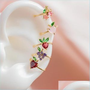 Stud Summer Cute Exquisito Korean Fashion Pendientes Joyería Ladies Girls Womens 18K chapado en oro Crystal Peach Fruits Charm Ear Cuffs 7 Dhzb1