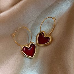 Stud doux bourgogne émail coeur boucles d'oreilles pour femmes fille couleur or métal amour suspendus Dangle Vintage bijoux 230801