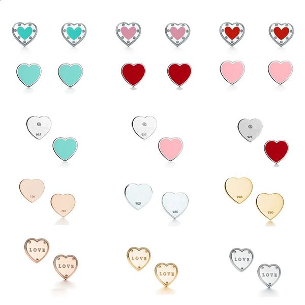 Stud T Series 925 Plata de Ley Esmalte Azul Rojo Corazón Rosa Melocotón Stud Pendientes Mujer Chica Carta de Amor Piedra Regalo del Día de San Valentín 231116