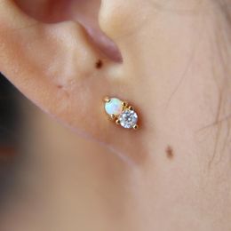 Stud Top Kwaliteit Simple Delicate Design Twee Stenen Brandwijning Opaal CZ Prong Setting 100% 925 Sterling Silver Women Girl Earring