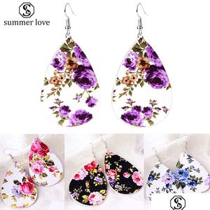 Stud Trendy Printing Floral Pu Leather Teardrop Dangle Earring 6 Color Boho Style Womens Fashion Jewelry Gift Drop Delivery Pendientes Dhkd8