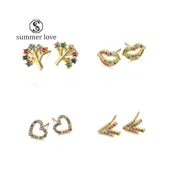 Stud Trendy Rainbow Cubic Zirconia 925 Sier Ear Pin Love Lips Arrow Tree Eye Pendientes Moda Cobre Plateado Pendiente Joyería Drop Deli Dh7Uz