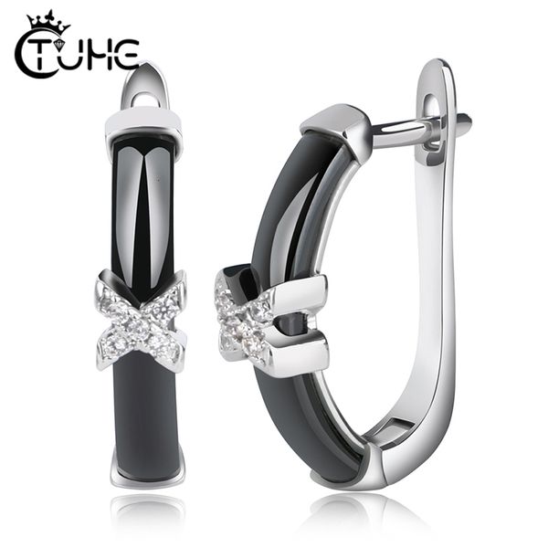 Pendientes de mujer con clip en forma de U con cristal X, pendiente de cerámica blanco y negro saludable para regalos de joyería de boda 221119