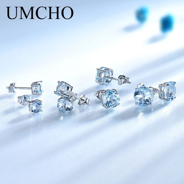 Stud UMCHO Réel 925 Bijoux En Argent Sterling Créé Russe Ciel Bleu Topaze Boucles D'oreilles Anniversaire Élégant Pour Les Femmes Cadeaux D'anniversaire 230307