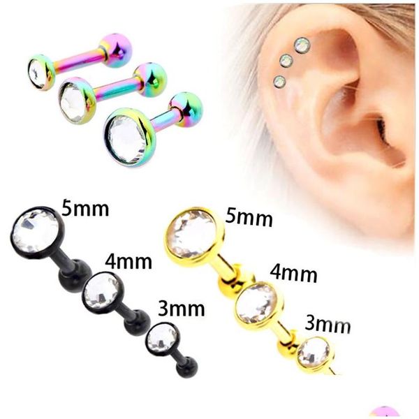 Stud Unique Punk Cristal Oreille Sier Noir Or Barbell Boucle D'oreille Cartilage Helix Tragus Piercing Boucles D'oreilles Femmes Corps Bijoux 3Pcs / Set Dr Dhvud