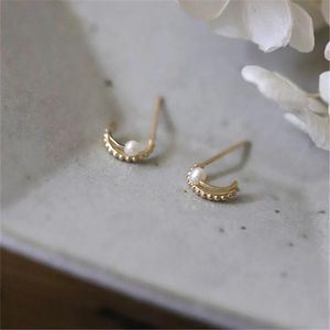 Stud Ventfille 925 Sterling Silver Korea Simple Double Half Circle Small Pearl Earrings Women 14K Gold Pating Sieraden Gift