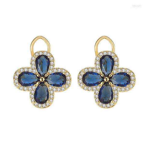 Stud Vintage Trèfle Royal Bleu Cristal Saphir Pierres Précieuses Diamants Boucles D'oreilles Pour Les Femmes Or Couleur Bijoux Bijoux Partie Accessoire Dale22