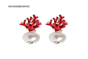 Stud WHOMEWHO Rouge Corail Cerf Antler Blanc Fausse Perle Boucles D'oreilles De Noël Mode Cadeau De Noël Bijoux Fête De Vacances Oreille Accessoires12640802