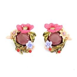 Boucles d'oreilles en émail rose, série jardin d'hiver, fleur de pivoine, Branches enroulées en cristal, aiguille en argent 925, Niche Design3327