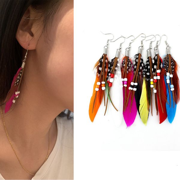 Pendientes de plumas de imitación para mujer, bohemios, hechos a mano, ultraligeros, con flecos de pavo real, borla, gota larga, colgante, joyería para fiesta, regalo 230714