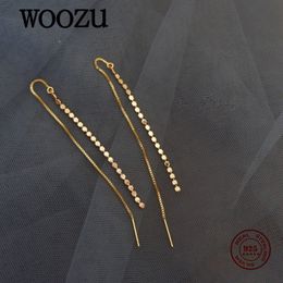 Stud Woozu echt 925 Sterling Silver Discs Tassel Lange Ear Line 14k Gold Gold voor vrouwen Boheemse glanzende Koreaanse oorbellen sieraden 230410