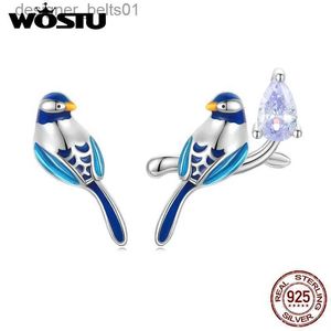 Stud WOSTU 925 Sterling Silve oiseaux boucles d'oreilles conception asymétrique violet Zircon coloré émail processus oreille goujons bijoux fins cadeauC24319