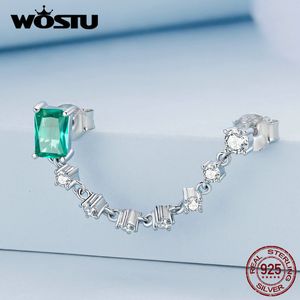 Stud WOSTU 925 Sterling Silver 1 Pièce Chaîne Boucles D'oreilles Vert Rectangulaire Zircon Double Trou Oreille pour Wowem Cadeau Fine Jewelry 230807