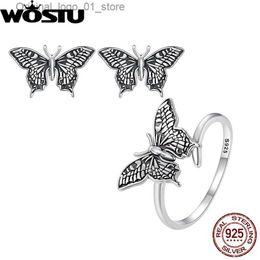 Stud WOSTU 925 sterling zilveren vlinderoorbellen Open ringset Geoxideerd zilver voor dames Meisje Feestcadeau Vintage verstelbare sieraden Q231205