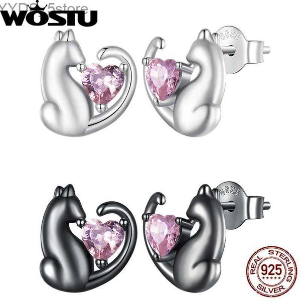 Stud WOSTU 925 Pendientes de plata esterlina lindos del gatito Pendientes plateados del oído del gato del platino con el circón rosado para las mujeres Regalo diario de la joyería del partido YQ231107