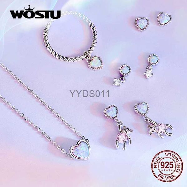 Pendientes WOSTU 925 cuentas redondas de plata esterlina ópalo corazón oso hebillas de oreja pendientes de tuerca para mujer joyería de fiesta de moda regalo E1385 YQ231114