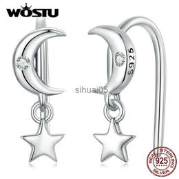 Stud WOSTU 925 Sterling Zilveren Ster Maan Hangende Oorbellen Gebogen Zirkoon Dangle Oorclip voor Wowem Gift Mode Fijne Sieraden YQ231026