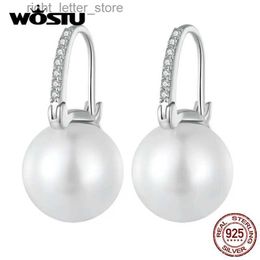 Stud WOSTU Real 925 Sterling Zilver Europese Eenvoudige U-stijl Grote Shell Parel Hoepel Oorbellen Vrouwen Drop Earring Party accessoires Cadeau YQ231211