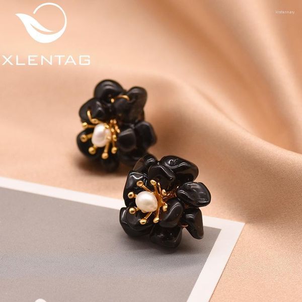 Stud XlentAg naturel noir Agate perle boucles d'oreilles pour les femmes cadeau d'anniversaire 925 en argent Sterling fleur bijoux GE0780GStud Kirs22