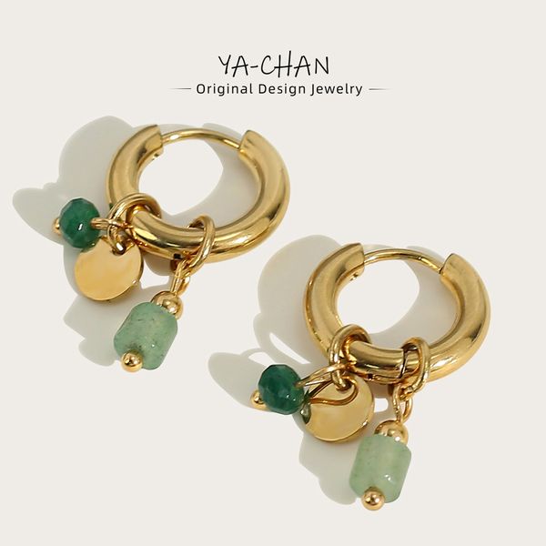 Stud YACHAN 18K plaqué or en acier inoxydable boucles d'oreilles pour femmes Vintage vert pierre naturelle charmes à la mode bijoux imperméables 230907