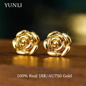 Stud YUNLI Real 18K Gold Rose Oorbellen Pure AU750 Oorbel voor Vrouwen Fijne Sieraden Huwelijkscadeau EA018 230727