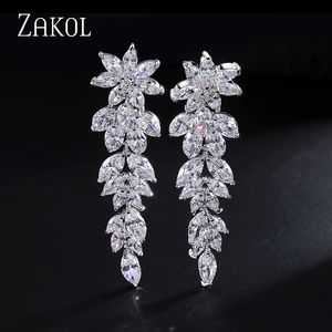 Stud Zakol Luxe prachtige marquise cluster bloemvorm kubieke zirconia lange bengelen drop oorbellen voor bruiden bruiloft sieraden ep005 230823