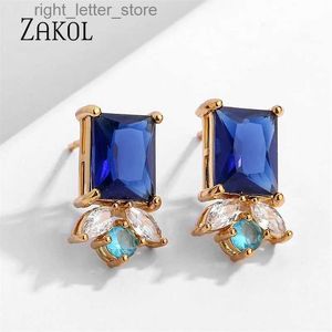 Stud Zakol Glanzend Blauwe Rechthoek Zirkoon Stud Oorbellen Voor Vrouwen Mode Oor Etentje Sieraden 2023 Nieuwe YQ231128