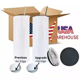 CA USA Warehouse Tasse d'eau blanche droite isolée à double paroi en acier inoxydable de 20 oz 25 pièces/carton tasse en acier inoxydable par sublimation avec couvercle et paille