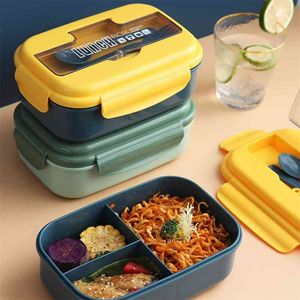 Fiambrera para estudiantes Estilo japonés A prueba de fugas Almacenamiento de contenedores de alimentos Material de paja de trigo Desayuno bento box Con tenedor cuchara 210818