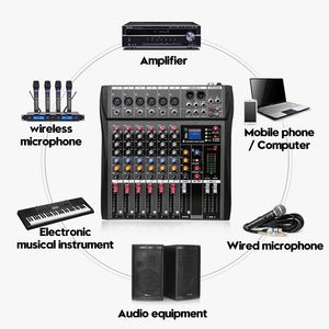 Freeshipping Studio Audio Consola de mezcla de sonido bluetooth USB Grabación de computadora Reproducción Phantom Power Effect Mezclador de audio de 6 canales