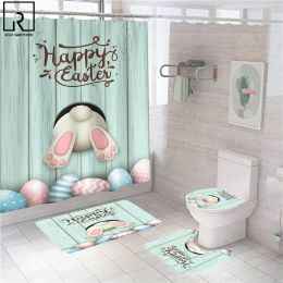 Estudio Feliz Pascua con el conejo Cortinas de ducha con estampado con ganchos lindos cortina de baño con alfombra de franela suave alfombras de baño decoración del hogar