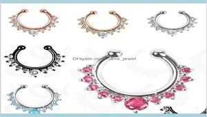 Studs Body 50 stcs Rhinestone Crystal Septum Clicker Rings niet -piercing hanger clip op sieraden nep neushoep piercings 6 kleuren DRO4162637