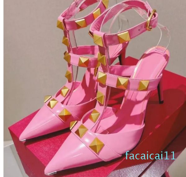 Clous chaussures à talons hauts sandales en cuir verni femmes chaussures habillées à bretelles cloutées rose rouge talon saint valentin créateur de luxe