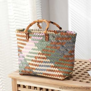 Sacs de rangement Faux bambou poignée sacs à main sacs tissés pour femmes 2023 été voyage sac de plage petits Plaids Shopper fourre-tout sacs à main