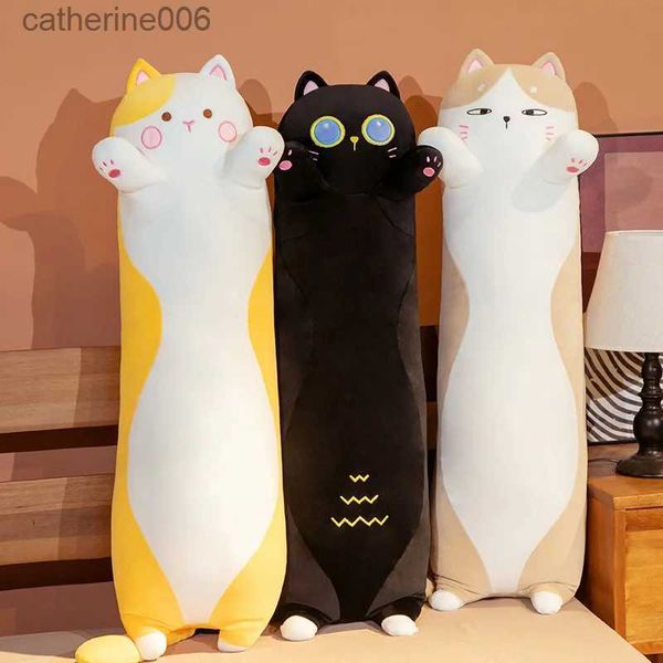 Animaux en peluche 90 cm-130 cm de long chat géant en peluche doux oreiller de couchage coussin chat noir peluche poupée Kawaii enfants enfants cadeau L231228