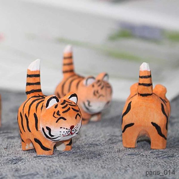 Animaux en peluche en peluche, sculpture sur bois, chaton, tigre, ornements, modèle fait à la main, mignon, Miniature, bureau, décoration animale, figurine, jouet pour enfants, fête d'anniversaire