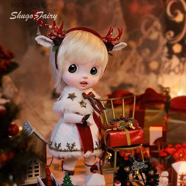 Animales peluche rellenos shugafairy lima 1/6 muñecas bjd de la cabeza grande expresión de boca abierta invernal estilo navideño elfo elfo plush cape asta tocado regalo l411