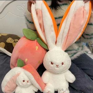 Gevulde pluche dieren Strawberry Rabbit Plush Toy Soft Flip wortel om schattige knuffel te cosplayed Lop Ear Rabbit Animal Plushie Doll R230811