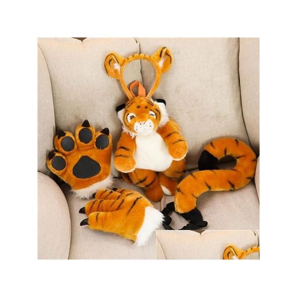 Peluches de peluche Animales Tigre / Dinosaurio / Leopardo / León Pata Garra FL Guantes Pelo Aro Cola Novedad Cosplay Fiesta de Halloween Disfraz Regalo F Otgsz