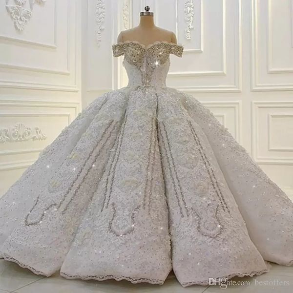 Vestido de novia con cuentas de cristal de lujo de Dubai 2022 Robe De Mariee Vestido de fiesta con hombros descubiertos Vestido de novia Cuello barco Sin espalda Vestidos de boda del Líbano