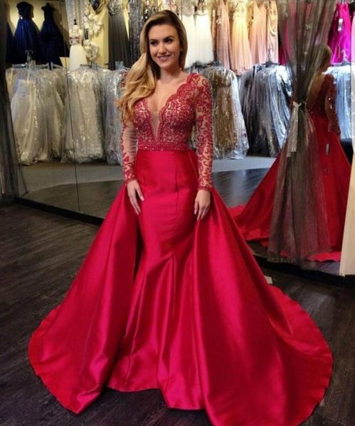 Impresionantes 2019 vestidos de noche largos y ajustados sexy Cuello en V profundo Corte de espalda baja Vestidos de noche de encaje rojo y sirena de satén Vestidos de baile