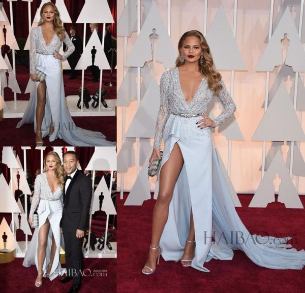 Superbes robes de soirée 2021 manches longues en V couche de cou de couche gaine Chrissy Teigen Robes de tapis rouge Oscar Bleu personnalisé Made9023462