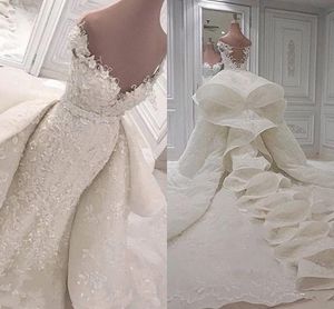 Superbes robes de mariée sirène arabes avec train chapelle détachable 2021 épaules dénudées appliques de dentelle robes de mariée d'église froncées AL7687
