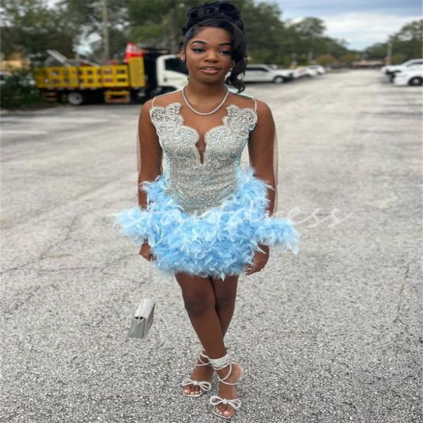 Impresionante vestido de fiesta de plumas azul bebé con cuentas de diamantes, manga larga transparente, vestido de cóctel para fiesta de cumpleaños para niñas negras, Vestidos de noche formales 2024