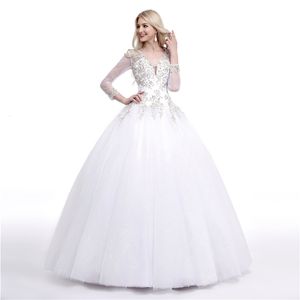 Superbe robe de bal robe de mariée Illusion manches longues transparente avec perles paillettes dos ouvert robes de mariée grande taille