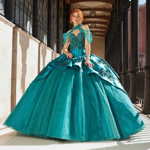 Superbe robe de bal perlée robes quinceanera décolleté en cœur paillettes princesse de bal de bal avec train détachable appliquée douce 15 robe mascarade 415